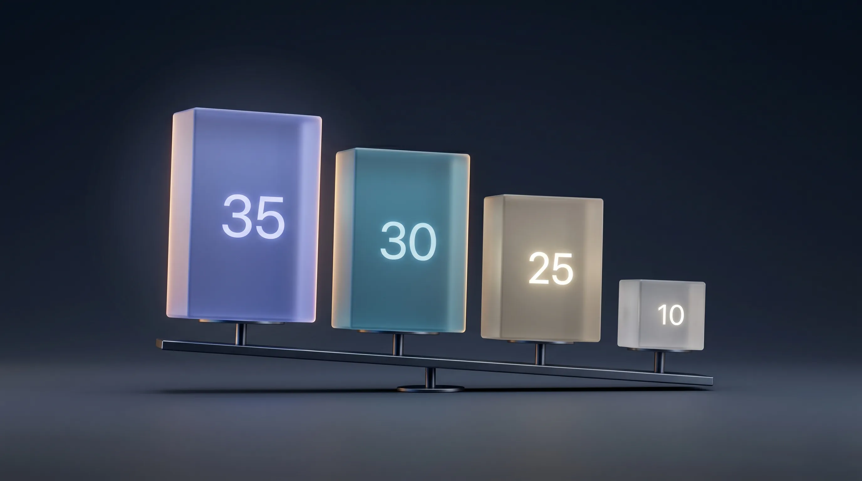 A tilted scale with four glowing blocks labeled 35, 30, 25, and 10. The beam dips toward the lower numbers, illustrating HackerRank ATS scoring weighted away from production experience